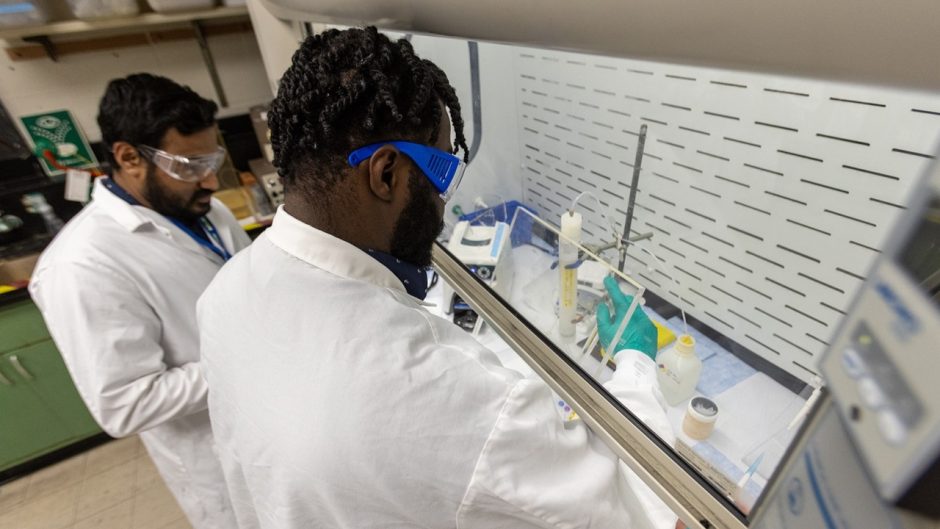 two researchers working under a hood in a scientific laboratory