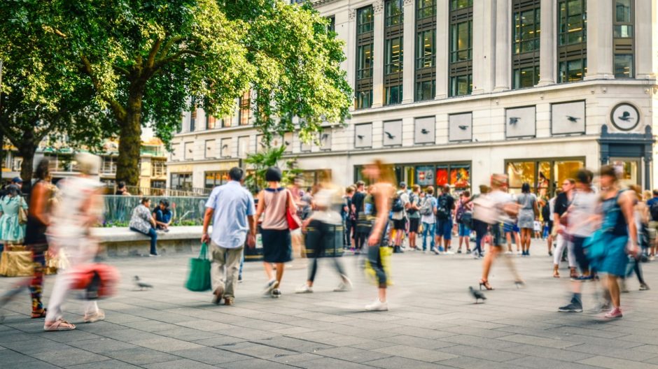 Busy motion blurred London street scene